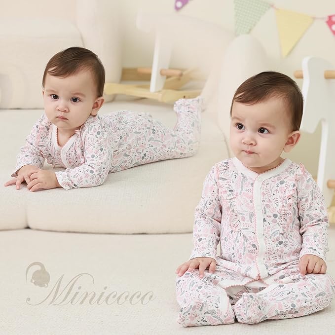 Baby Girls Ruffled Sleeve Footed Romper - 100% Cotton Snap Closure Jumpsuit with Small Pocket