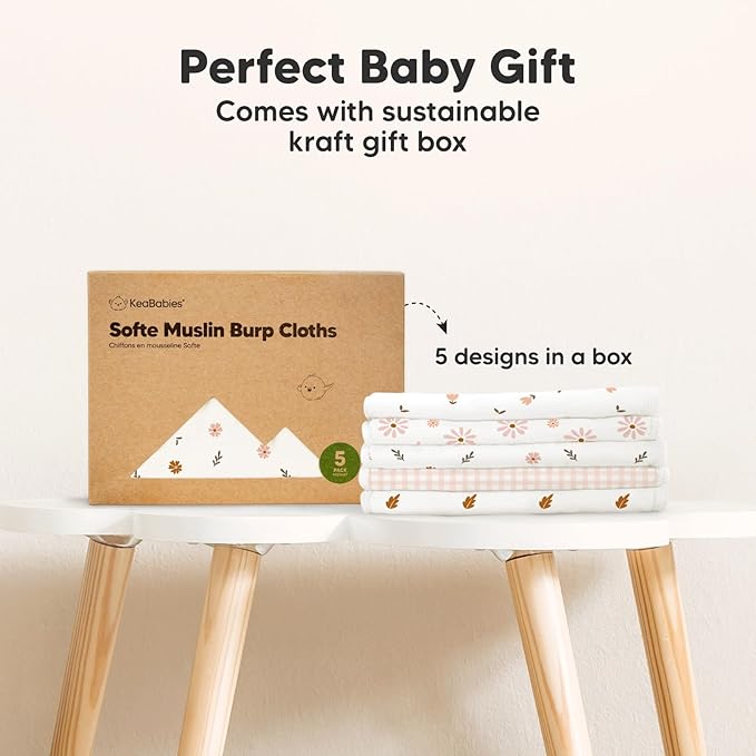 5-Pack Muslin Burp Cloths Baby Boy, Girl - Very Absorbent Baby Burp Cloth Rags, 8-Layers Viscose Derived from Bamboo Cotton Muslin Towel, Super Soft Spit Up Rags, No Shrink Washcloths (Petals)