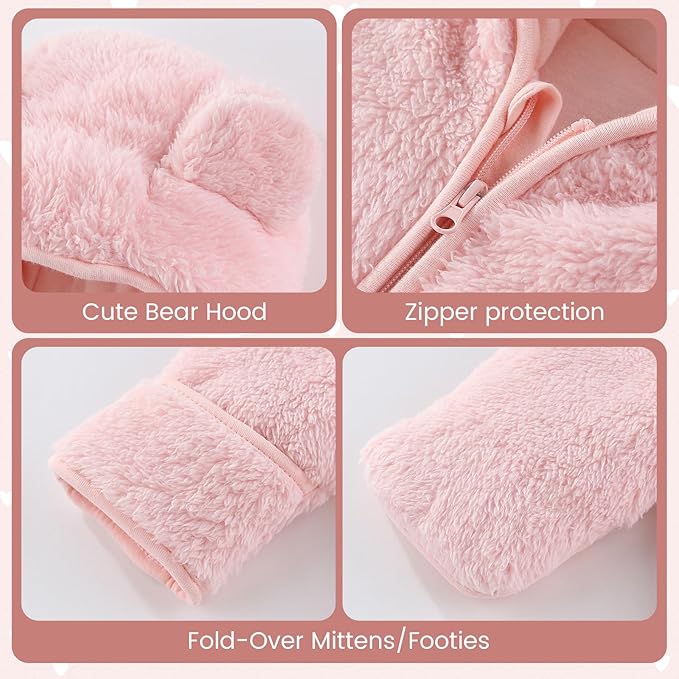 JiAmy Baby Snowsuit Newborn Fleece Winter Clothes With Flod-Over Zipper Baby Bear Hooded Thick Outfits