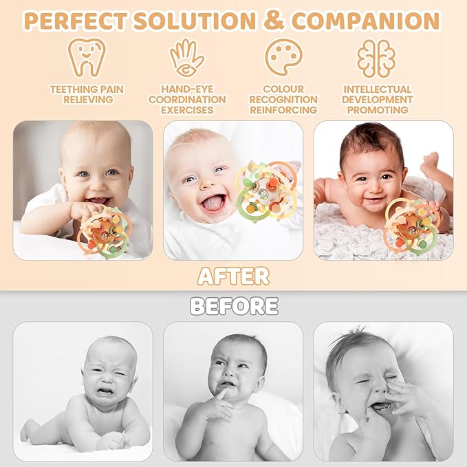 Orzbow Baby Sensory Teething Toys, Infant Montessori Teether Ball, Silicone Baby Rattle Ball Toy, Babies Chew Toys for 3-6-12-18 Months Sucking Needs, Teethers Relief, BPA Free, Brown