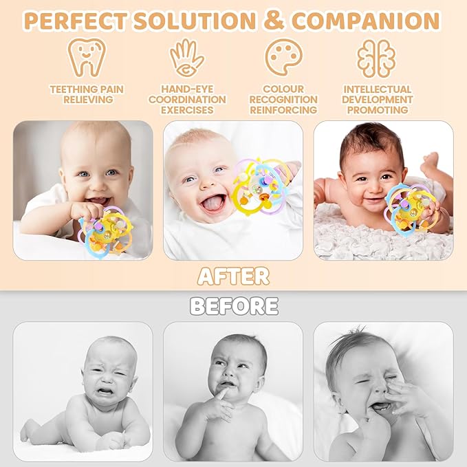 Orzbow Sensory Teething Toys for Babies, Baby Montessori Toys 3-6-12-18 Months, Infant Teethers Relief Chew Toys, Silicone Baby Rattle Toys - Early Development Toy for Toddlers, BPA Free, Yellow