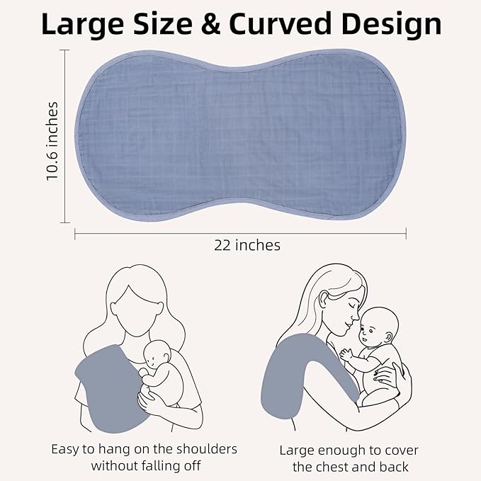 LifeTree Muslin Baby Burp Cloths - 2 Pack 70% Viscose from Bamboo and 30% Cotton Large 22'' by 10'' Absorbent Milk Spit Up Rags - Burping Cloths for Newborn, Girls Boys, Sea Turtle & Solid Blue