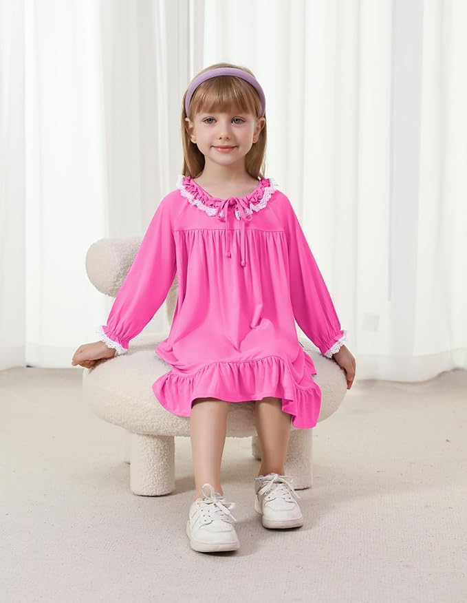 Toddler Girls Long Sleeve Nightgown Cute Little Kids Casual Dresses Viscose from Bamboo Princess Dress 2-5T