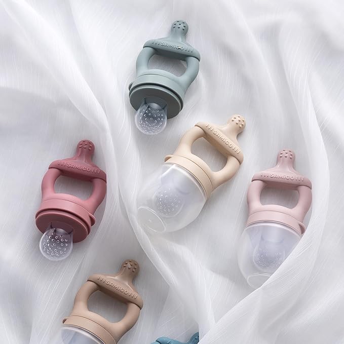 SAMiGO Baby Food Fruit Feeder and Breastmilk Popsicle Mold Set, Silicone Fruit Teether, Food Feeder Pacifier for Teething Relief, Freezer Tray, Baby Feeding Essentials, 4 Months+