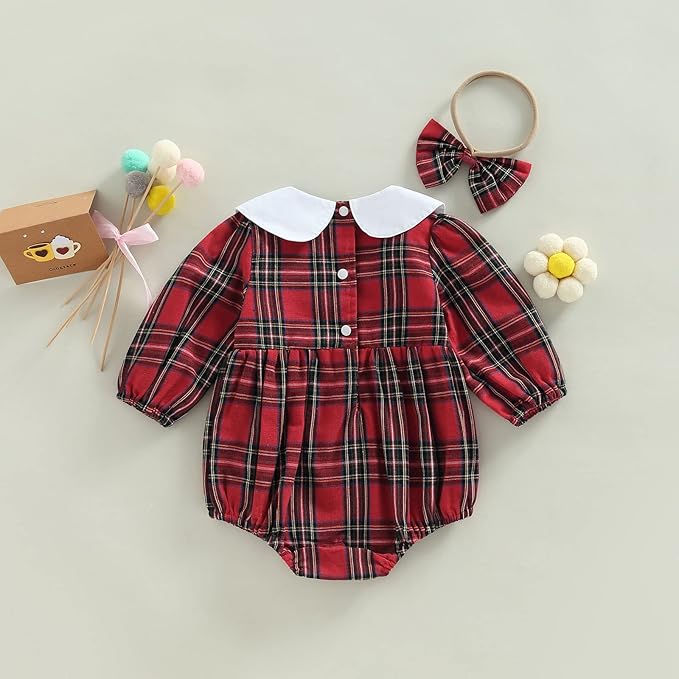Hnyenmcko Newborn Baby Girl Christmas Clothes Infant Red Plaid Romper Dress Ruffle Long Sleeve Ribbed Bodysuit Headband Set
