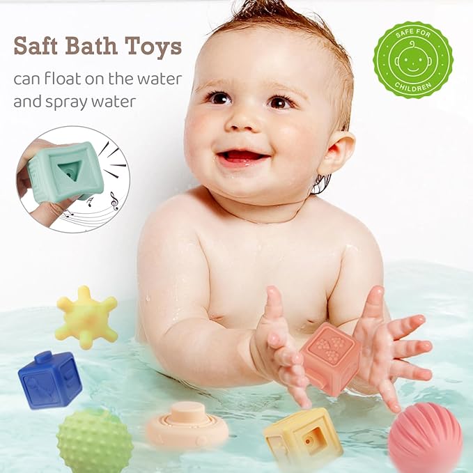 Montessori Toys Soft Stacking Building Blocks Rings Balls Sets 3 in 1 Baby Toys Bundle for Babies Sensory for Toddlers Teething Bath for Infants Learning Education Toy