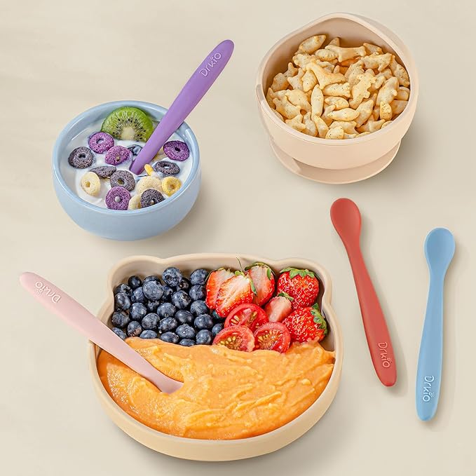 DRKIO 8-Piece Silicone Baby Spoons - Infant Spoons First Stage Self Feeding Baby Led Weaning Supplies Toddler Training Utensils Soft Chewable-Tip Bendable BPA-Free Dishwasher Safe Boil-proof