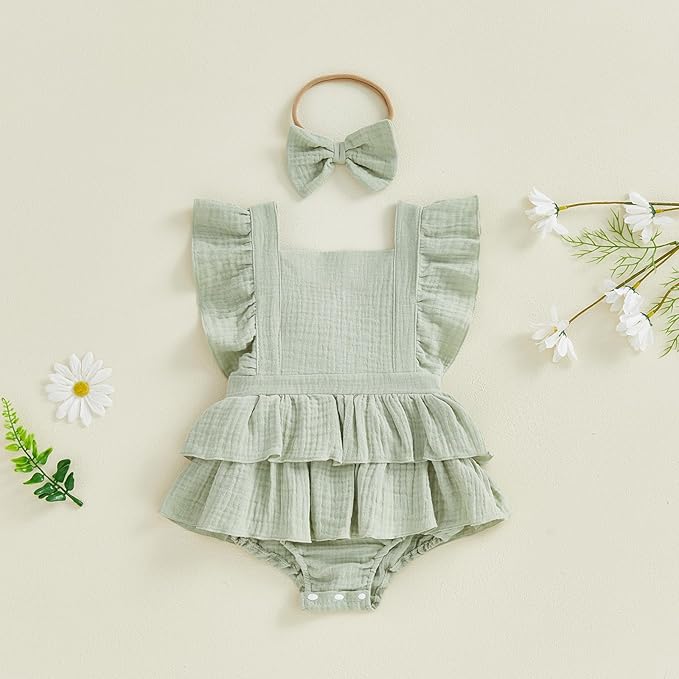Thorn Tree Baby Girl Summer Clothes Newborn Outfit Ruffle Romper Infant Baby Dress Bow Headband Solid Cute Outfits Girls