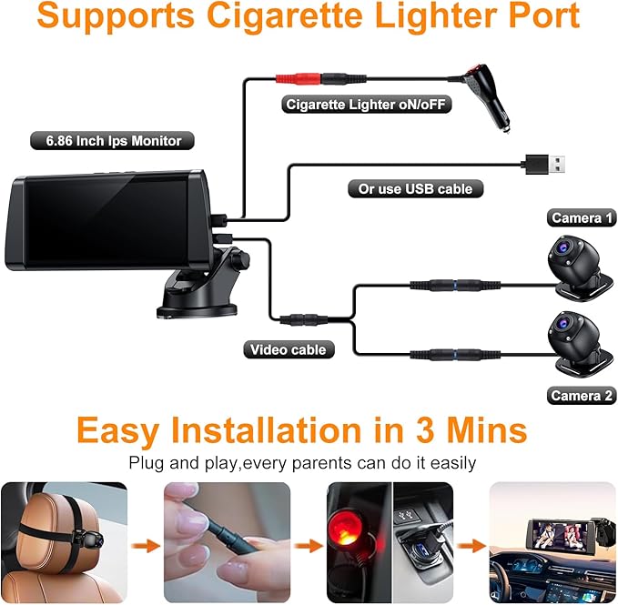 Baby Car Camera, Dual Channel 6.86 inch Display with 2 IR Night Vision Camera, Night Vision, Wide Clear View, Easily Observe The Baby's Move, Safe Driving for New Parents (Purple)