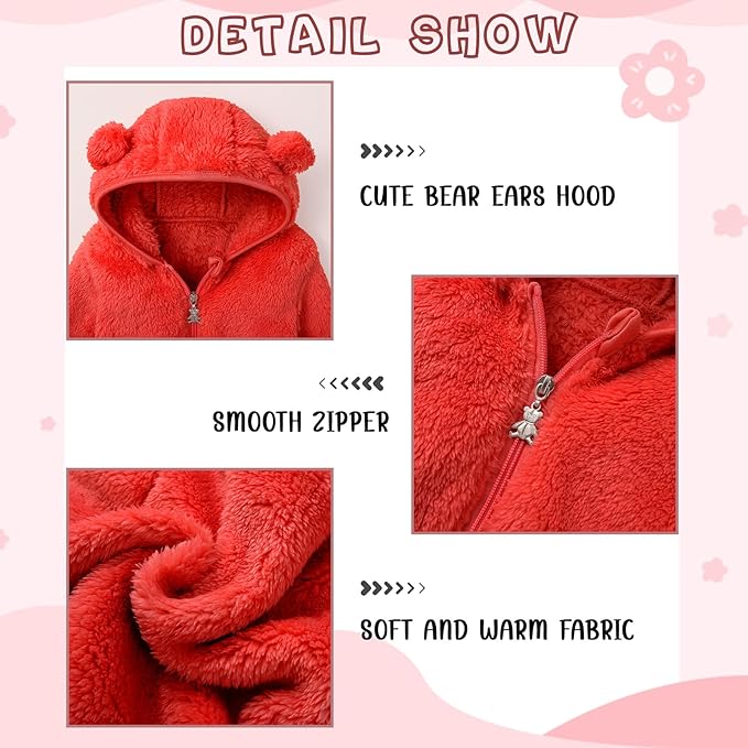 Baby Toddler Boys Girls Fleece Jacket with Hood Zip Up Cute Bear Coats for Infant Boys Girls Fuzzy Jacket with Ear 1-5T