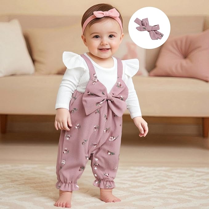 Newborn Baby Girl Clothes Corduroy Floral Bow O Neck Long Sleeve Romper Infant Jumpsuit Cute Outfits Headband