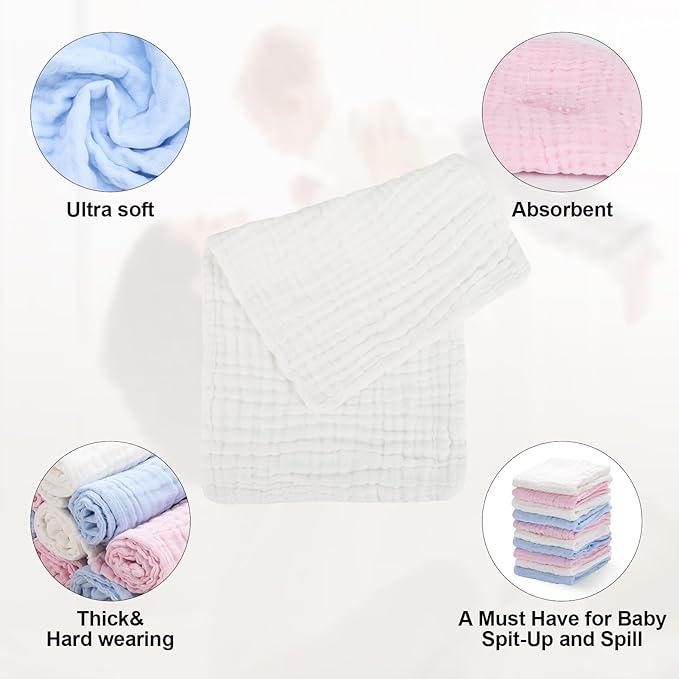 10 Pack Muslin Burp Cloths - 17"x9" 6-Layer 100% Cotton - Ultra Soft & Super Absorbent for Baby Spit Up & Drool - Gentle Burping Cloths for Newborn Boys & Girls, Essential Baby Items