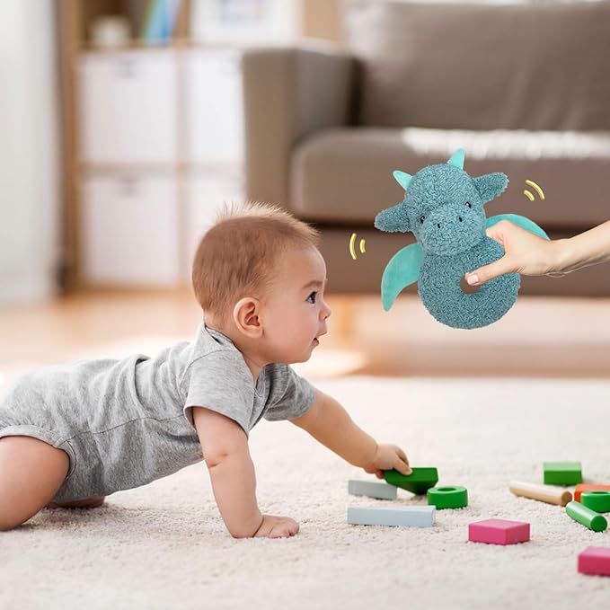 Baby Dragon Soft Rattle Toy, Plush Dinosaur Infant Shaker Rattle Easy-Grasp Stuffed Animal Toy, Gifts for Newborns Babies Toddlers Boys Girls, Cyan, 6 Inches