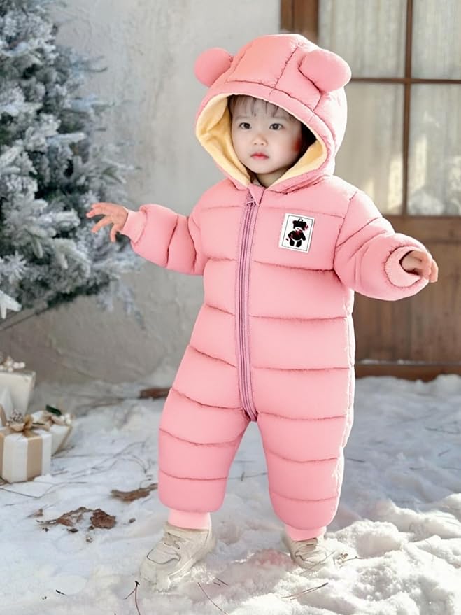 Unisex Baby Snowsuit Infant Cute Bear Hooded Winter Warm Flannel Lining Romper