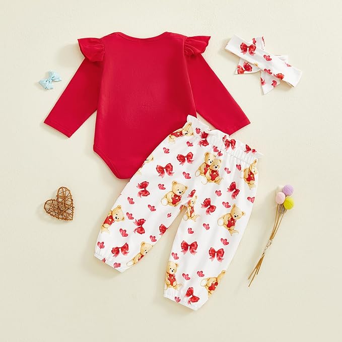GOOCHEER Newborn Baby Girl Valentine’s Day Outfit Bear Hearts Print Ruffle Long Sleeve Romper Long Pants Headband Set