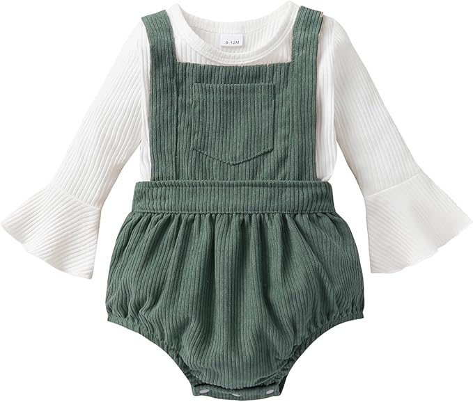 Tiny Cutey Newborn Baby Girl Clothes Bell Sleeve Romper and Corduroy Overalls Shorts Infant Girl Fall Outfits