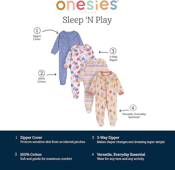 Onesies Brand baby-girls 4-pack Sleep 'N Play Footies Multi Pack