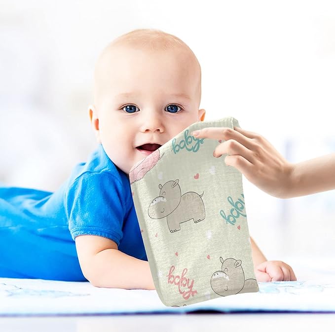 vvfelixl Cotton Cute Hippo Baby Muslin Washcloths Soft Face Towel for Newborns, 11.8 X 11.8 Inch, 5 Pack Beige