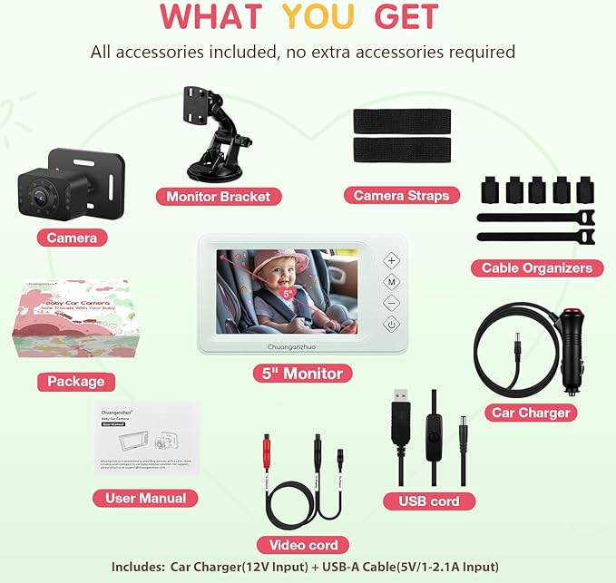 S100P Baby Car Camera with Ultra Night Vision, 5'' HD 1080P IPS Baby Car Monitor with 3X Zoom, Backseat/Carseat/Rear Seat Camera USB, Easy No-Damage Install, Safety for Infants and Pets (5 inch Green)