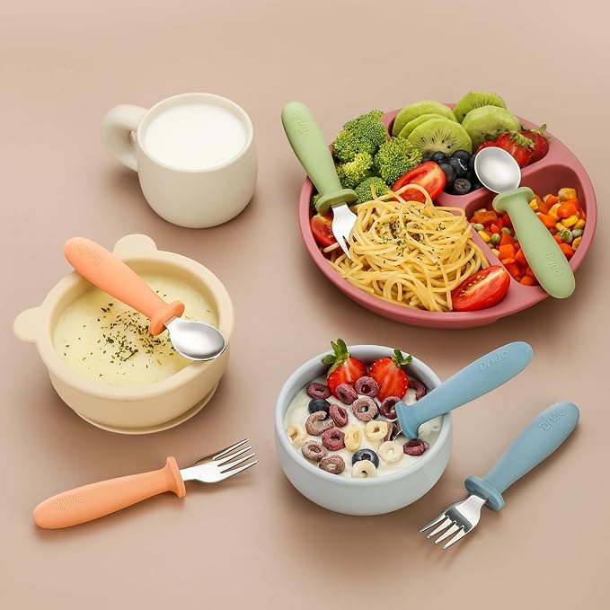DRKIO 6 Pieces Toddler Utensils Set - Kids Silverware Set with Silicone Handle Children Safe 18/8 Stainless Steel Forks and Spoons Anti-Choke Design Food Grade Dishwasher Safe
