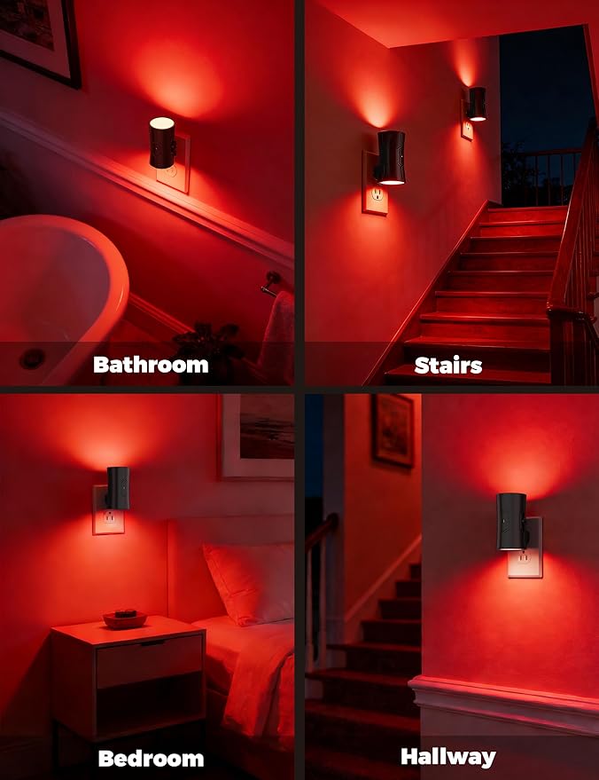 Night Light, 2-Pack Dimmable Plug-in Night Light with Auto On/Off & 90°Rotatable Plug, 0-100LM Adjustable Brightness,1W Ultra Low Energy for Bedroom, Hallway, Bathroom, Nursery, Kids Room, Red