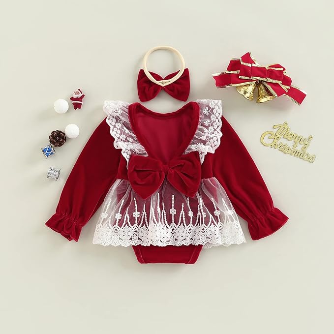 Hnyenmcko Newborn Baby Girl Christmas Clothes Infant Red Plaid Romper Dress Ruffle Long Sleeve Ribbed Bodysuit Headband Set