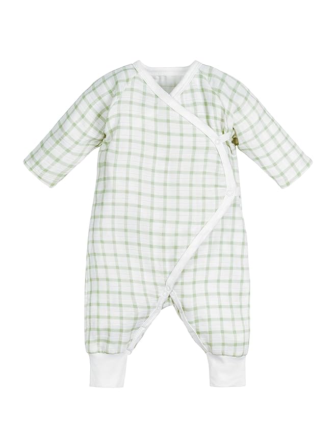 Under The Nile Organic Cotton Muslin Side Snap Kimono - Sage Windowpane, 3 to 6 Months