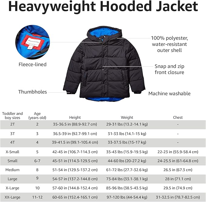 Amazon Essentials Babies, Toddlers, and Boys' Heavyweight Hooded Puffer Jacket