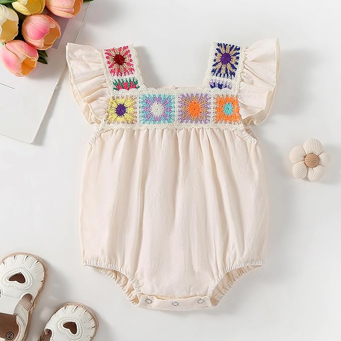 Baby Girl Romper Fall Clothes Ruffle Sleeveless Onesie Crochet Floral Bubble Romper Infant Bodysuit Boho Outfit