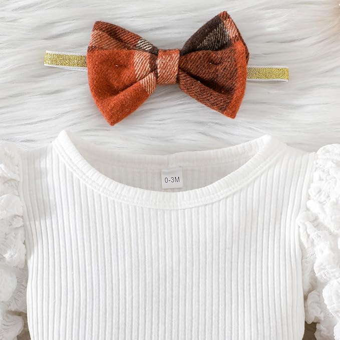 Toddler Baby Girl Plaid Dress Puff Sleeve Bow Patchwork Ribbed Shirts Dress Plaid Fall Winter Outfits with Headband