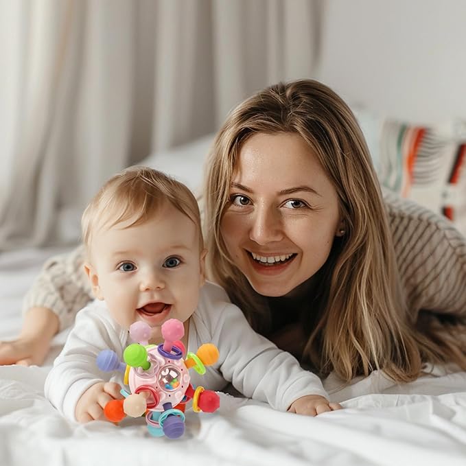 Baby Teething Toys, Baby Teethers Montessori Sensory Toys for 0-6 6-12 Months, Gifts for 1 Year Old Boys Girls Infant Newborn 0 3 6 9 12 18 Months Toys, Pink