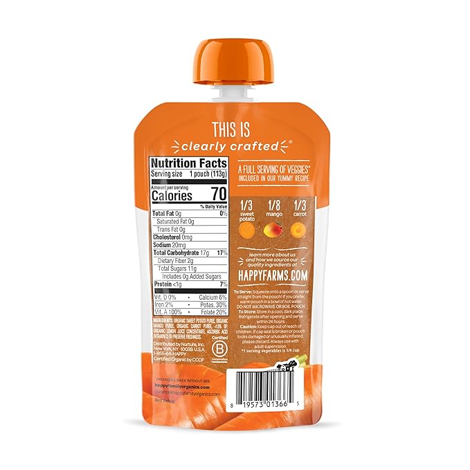 Happy Baby Organics Clearly Crafted Stage 2 Baby Food, Sweet Potatoes, Mangoes & Carrots, 4 Ounce Pouch (Pack of 16)