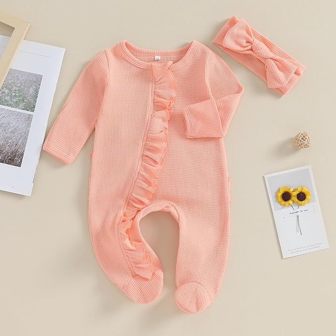 Newborn Baby Girl Fall Winter Outfits Clothes Knit Jumpsuit Ruffle Romper Newborn Coming Home Outfit for Baby Girl