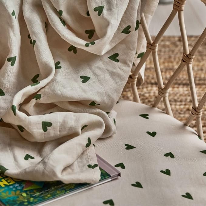 Crib Sheets – Organic Cotton Muslin Fitted Crib Sheet – Standard Size for Baby Boy and Baby Girl 28" x 52" Ultra-Soft and Breathable. (Green Hearts)