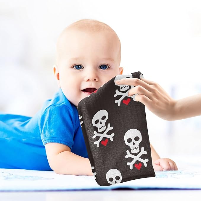 Baby Washcloths Cotton Skull Red Heart Baby Muslin Washcloths Soft Baby Face Towel for Newborn Infants Baby Wipes, 11.8 X 11.8 Inch, 3 Pack