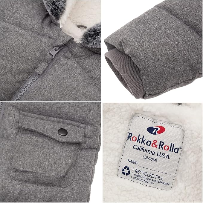 Rokka&Rolla Baby Boys' Sherpa Lined Puffer Jacket Warm Winter Coat with Mini Fur Trim Hood for Newborn Infants Toddler