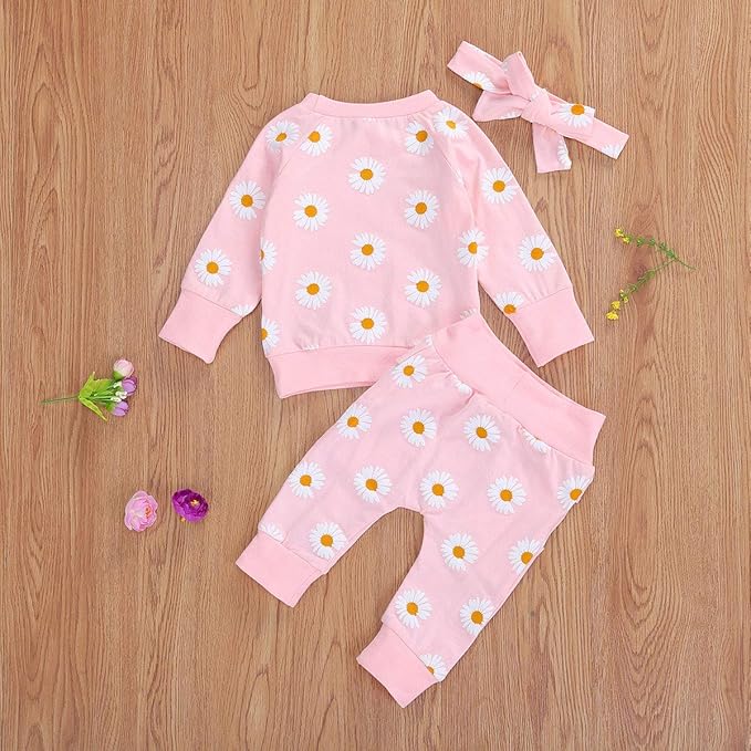 3Pcs Baby Girl Outfits Daisy Sweatshirt + Pants + Headband Infant Fall Winter Clothes