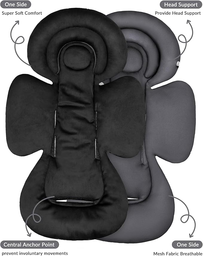 Infant Car Seat Insert with Removable Cushion for Preemie to Toddler, Reversible Newborn Carseat Insert for Baby Head Body Support, Fits for Stroller, Baby Swing, Bouncer (Pure Black)