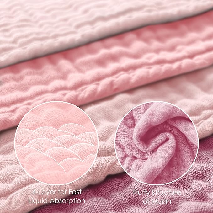 HIPHOP PANDA Muslin Burp Cloths, 10 Pack - Large 20" X10" - Ultra Absorbent and Soft 100% Cotton Baby Essentials Drool Rags and Messes for Newborn - Colorful Designs for Boy Girl, Blush Sakura Blend