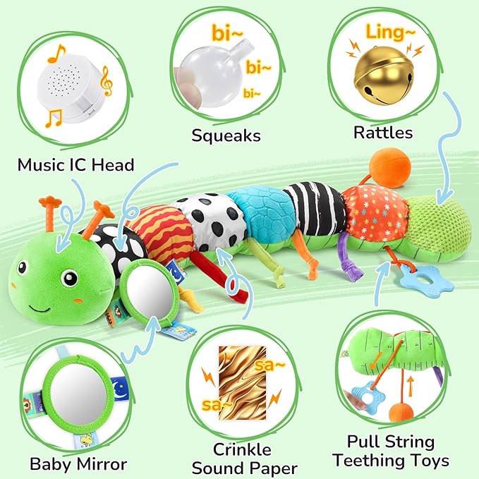 Baby Toys 6-12 Months Music Caterpillar,Stuffed Animals Infant Toys 0-3-6 Months,Teething Sensory Toys Tummy Time with Mirror Crinkle Rattle&Pull String for Boys Girls Gifts Birthday|Green