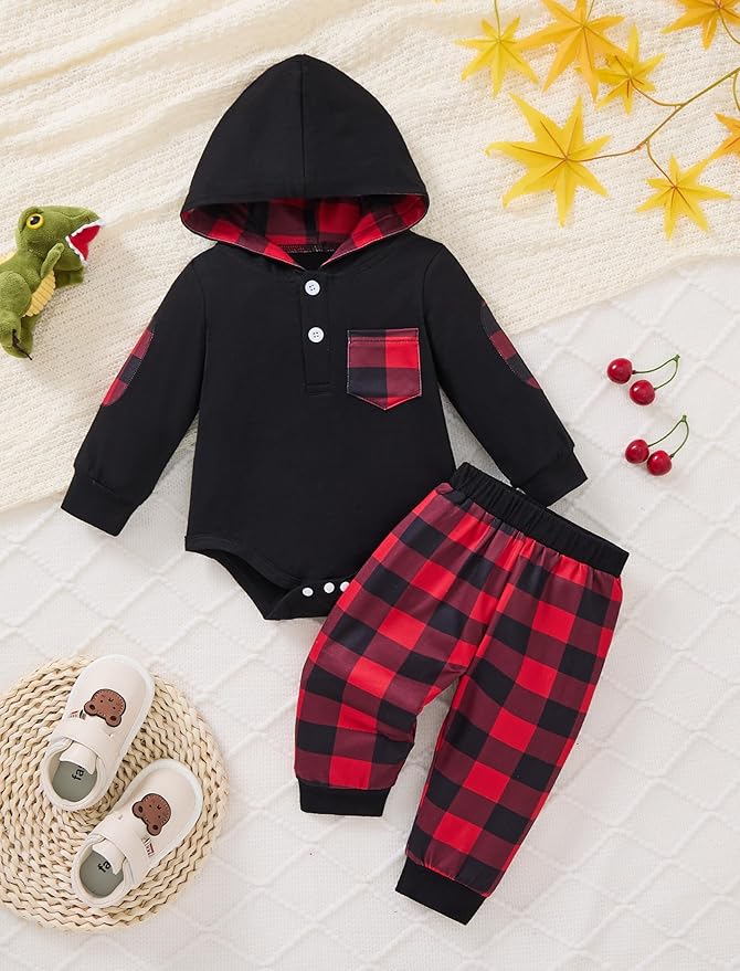 Baby Boy Clothes Long Sleeve Hoodie Romper and Plaid Pants Set Fall Winter Baby Boy Outfit 0–18 Months