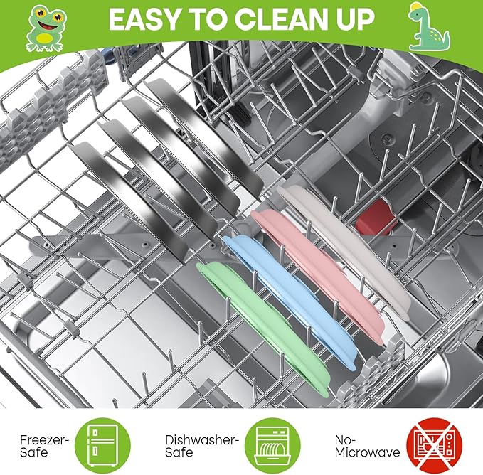 4 Pack Stainless Steel Toddler Plates with Suction - 9" Kids Divided Plates Removable Silicone Sleeves for Baby Led Weaning, Bear Ear Design Non Slip BPA-Free Dishwasher Safe