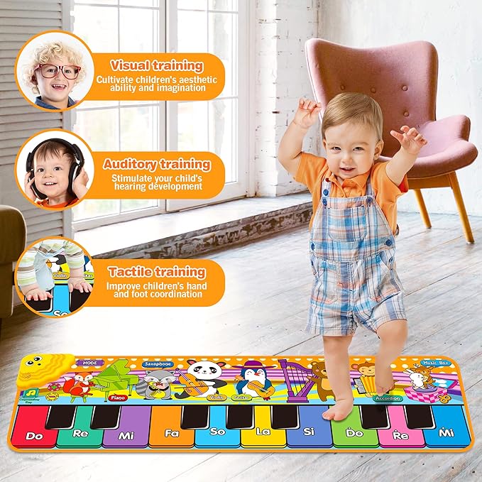 Kids Musical Piano Mats with 25 Music Sounds, Musical Toys Baby Floor Piano Keyboard Mat Carpet Animal Blanket Touch Playmat Early Education Toys for 1 2 3 4 5 6+ Years Old Girls Boys Toddlers