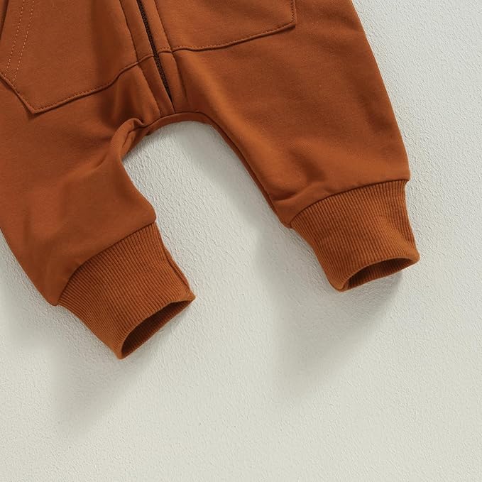 allshope Newborn Baby Boy Girl Fall Outfit Romper Long Sleeve Hooded Solid Zipper Onesie Jumpsuit Bodysuit Infant Clothes
