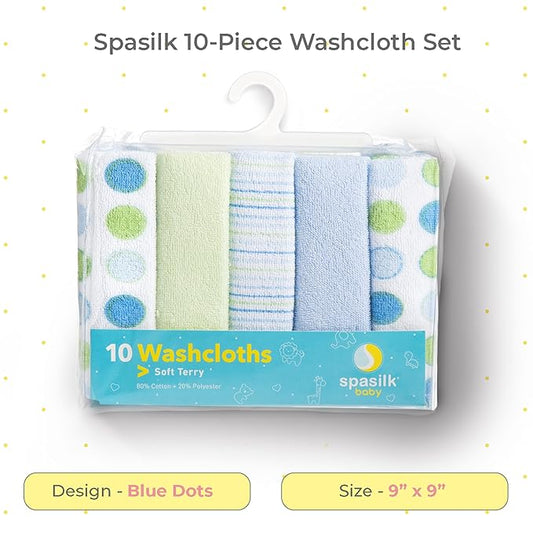 Spasilk 10-Piece Washcloth Set for Newborn Boys and Girls, Soft Terry Baby Washcloths, Baby Essentials, Blue Dots