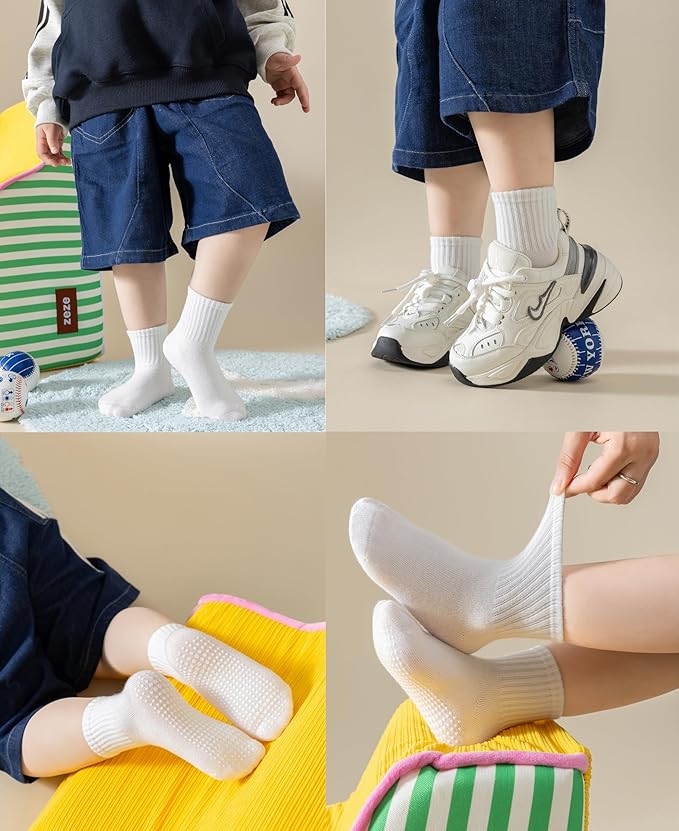 Toddler Grip Socks with Non-Slip, Unisex Baby Retro Stripe Seamless Crew Ankle Cotton Socks for Girls Boys 6 Pairs
