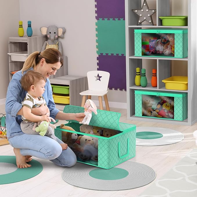 Sorbus Medium Clothes Storage Bags - Foldable Blanket Storage Bins for Organizing Bedroom, Closet, Clothing, Comforter, Organization with Clear Window, Lids and Carry Handles - Set of 3