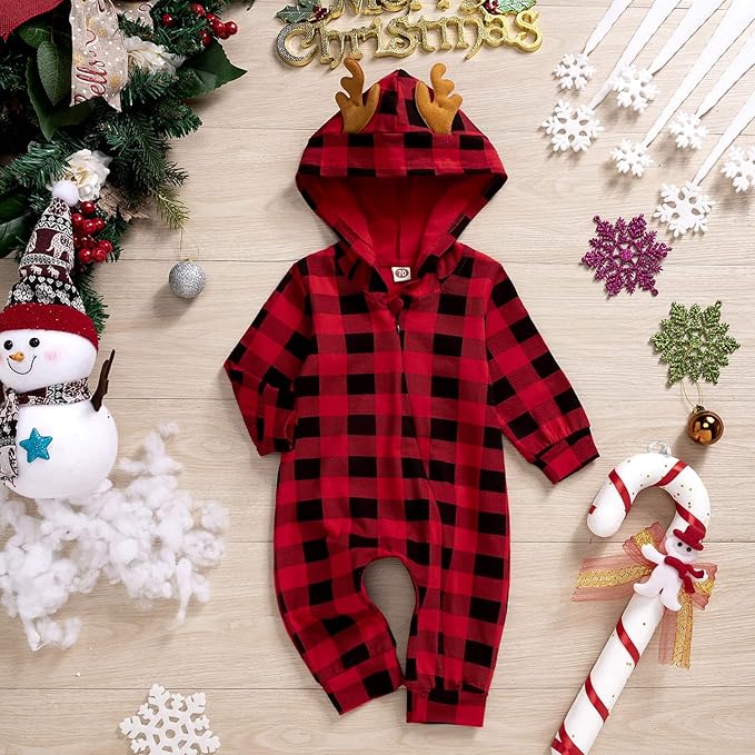 Infant Baby Boys Christmas Hooded Romper Jumpsuit Long Sleeve Elf Reindeer One-Piece Santa Xmas Clothes