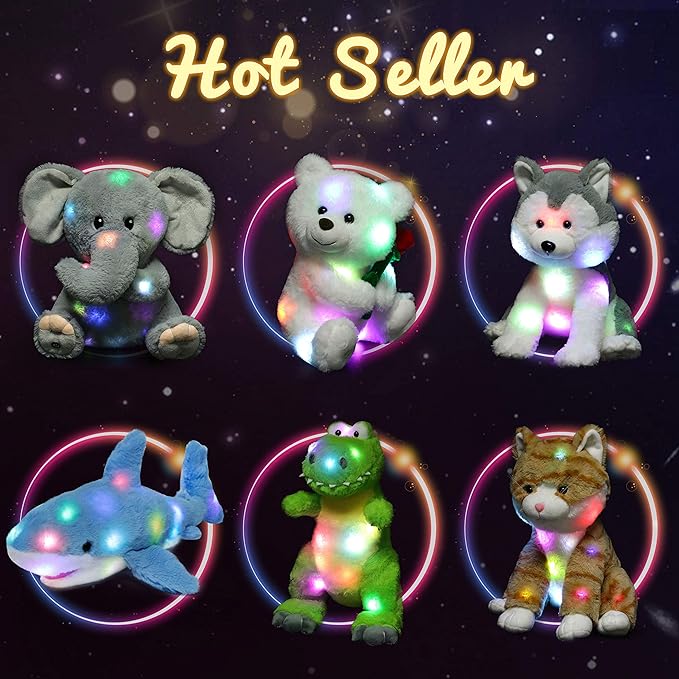 Hopearl LED Plush Puppy Lighting Up Stuffed Animal Dog Floppy Pup Night Lights Glow in The Dark Birthday Festival for Kids Toddler Girls, White, 14''