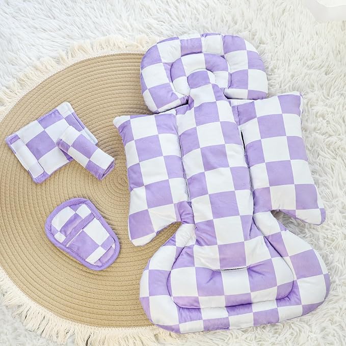 DILIMI Infant Car Seat Insert, Baby Car Seat Head Support with 3 Strap Paddings, Soft Newborn Car Seat Cushion for Stroller, Swing, Bouncers, Purple Checkered